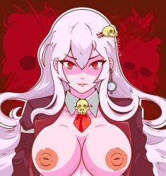 beauty_mark long_hair multighosts pale-skinned_female pale_skin red_eyes simple_background skull_choker skull_hair_ornament suit_jacket tits_out white_hair