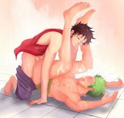 2boys anal bottomless feet_up kiskins legs_up male_focus male_only monkey_d_luffy one_piece roronoa_zoro skinny yaoi