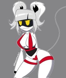 1girls 1robot_girl 2d biggestfanart female female_only glitch_productions grey_background humanoid j_(murder_drones) large_breasts maebari murder_drones robot robot_girl robot_humanoid screen_face solo tail twintails watermark white_hair yellow_eyes