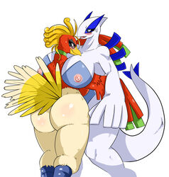 2011 alternate_breast_size ass avian beak big_breasts big_nipples bird blue blue_eyes blush breasts chubby fat feathers female green ho-oh hug huge_breasts lugia nintendo nipples nude open_mouth pokemon pokemon_(species) pokemorph red red_eyes sssonic2 standing tail thighs white_skin wings yellow