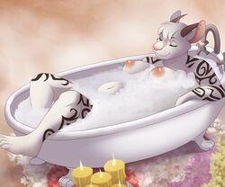 anthro bath body_art breasts candle chubby closed_eyes fat female horns jailbird nude piercing solo tattoo unknown_species