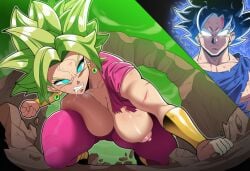 1boy 1girls ai_generated alien alien_girl alien_only aura baggy_pants battle big_anus big_ass blonde_hair dragon_ball dragon_ball_super dragon_ball_woman female green_hair kefla male mullon novelai saiyan saiyan_girl son_goku super_saiyan torn_clothes tournament_of_power ultra_instinct universe_6/universe_7