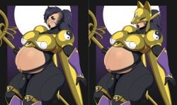 armor bandai_namco big_breasts breasts bulge cobaltkilter digimon digimon_(species) futanari halloween halloween_costume hi_res holidays human intersex lipstick makeup mammal mathis_(cobaltkilter) pregnant pregnant_futa sakuyamon shoulder_guards solo