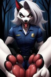 ai_generated drools foot_fetish footjob footwear furry loona_(helluva_boss) pawpads paws police pov tongue white_hair white_skin