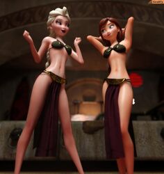 2girls 3d anna_(frozen) auburn_hair belly_dancer belly_dancer_outfit blonde_hair blue_eyes braided_hair cosplay disney elsa_(frozen) enslaved_royal femsub frozen_(film) harem harem_girl harem_outfit loincloth long_hair lucasfilm multiple_subs platinum_blonde_hair royalty sisters slave slave_bikini slave_leia_(cosplay) slave_outfit slavegirl smitty34 star_wars submissive_female