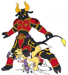 1boy 1girls armor bovine breasts canine centaur chacomics cum cum_inside digimon female fox furry hands-free interspecies male minotaur renamon sex size_difference stomach_bulge straight tattoo taur tauren vajramon