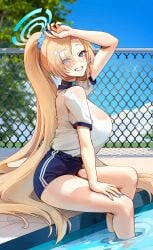 1girls asuna_(blue_archive) blonde_hair blue_archive blue_eyes breasts cleaning_&_clearing_(blue_archive) female foxy_rain_(foxyreine) foxyrain_(foxyreine) foxyreine hair_over_one_eye hi_res huge_breasts light-skinned_female light_skin long_hair millennium_science_school_student naughty_face outdoors smile thick_thighs