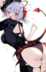 arknights blush large_ass looking_back nervous panic panicking rear_view ripped_clothing ripped_pantyhose sweatdrop thick_thighs w_(arknights) wavy_mouth wide_hips