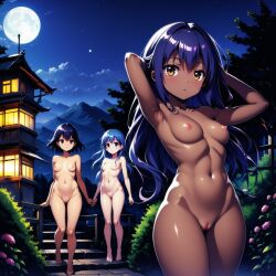 2023 3girls ai_generated armpits arms_behind_head arms_up bangs barefoot black_hair blue_hair blush breasts brown_eyes collarbone completely_nude dark-skinned_female dark_skin flower full_moon high_resolution highres lantern long_hair looking_at_viewer medium_breasts moon mountain multiple_girls navel night night_sky nipples nude original outdoors parted_lips phalzu purple_hair pussy self_upload shiny shiny_skin short_hair sky small_breasts stairs standing take_your_pick uncensored