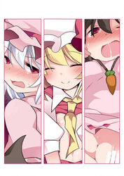 3girls ^_^ blonde_hair blush brown_hair carrot_necklace closed_eyes d: drooling flandre_scarlet flat_chest hammer_(sunset_beach) implied_sex multiple_girls nipples open_mouth orgasm red_eyes remilia_scarlet sweat tewi_inaba touhou white_hair