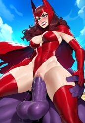 ai_generated avengers blurry_background blush blushing brown_hair cape clenched_teeth clitoris elbow_gloves green_eyes helmet huge_balls huge_cock jagat_ai large_balls large_penis leotard long_hair marvel marvel_comics mutant_(marvel) purple_skin pussy pussy_juice pussy_juice_drip red_lips reverse_cowgirl_position rolling_eyes scarlet_witch sex sweat sweatdrop sweating thanos thighhighs torn_cape torn_clothes wanda_maximoff x-men