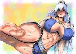 abs anastasia_(fate) blue_background blue_topwear fate/grand_order fate_(series) hand_on_breast huge_breasts laying_down muscular muscular_female navel thunder_thighs white_hair