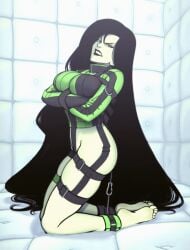 1girls angry ankle_cuffs black_hair bondage bound breasts disney disney_channel female female_only femsub fully_clothed green_eyes kidetic kim_possible kneeling kusujinn long_hair looking_at_viewer medium_breasts padded_room padded_walls shego straitjacket straps