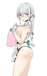 1girls apron ass blue_panties braided_ponytail breasts food glasses grey_eyes looking_at_viewer medium_breasts nearly_naked_apron original panties ponytail relaxjon shopping_bag white_hair