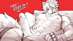 1boy abs animal_ears bara dated english_commentary erection eyepatch fingerless_gloves furry furry_male gloves happy_birthday heart highres looking_at_viewer male_focus male_only monochrome muscular muscular_male navel nipple_piercing nipples one_eye_covered open_pants pants pectorals penis piercing pillow red_background tail topless_male veins veiny_penis von_lycaon wolf_boy wolf_ears wolf_tail zeelay zenless_zone_zero