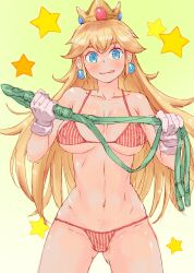 1girls bikini blonde_hair blue_eyes breasts crown earrings gloves holding_whip large_breasts long_hair looking_at_viewer mario_(series) midriff navel nintendo princess_peach red_bikini red_swimsuit striped_bikini striped_swimsuit swimsuit uniskie_saabunrou whip white_bikini white_swimsuit