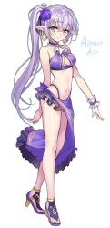 1girls ainnor_hir ascot bikini breasts earrings elf gan_(shanimuni) green_eyes hair_flower halterneck heterochromia high_heel_sandals high_heels highleg highleg_bikini highleg_swimsuit kanpani_girls looking_at_viewer medium_breasts midriff navel purple_bikini purple_hair purple_sarong purple_swimsuit sarong side_ponytail swimsuit wrist_cuffs yellow_eyes