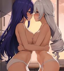 2girls blush breasts bronya_rand duo grey_eyes hi_res honkai:_star_rail honkai_(series) imminent_kiss indoors light-skinned_female light_skin long_hair medium_breasts mikhdrag multiple_girls nipples panties purple_hair seele_(honkai:_star_rail) standing symmetrical_docking white_hair white_panties yuri