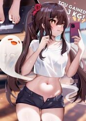 1girls barefoot belly belly_button breasts brown_hair english_text feet female female_only genshin_impact ghost hu_tao_(genshin_impact) midriff nail_polish painted_nails phone pout red_eyes red_nails shirt shorts solo squchan thighs twintails