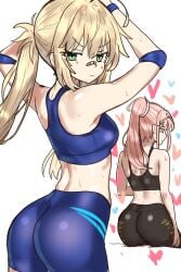 2girls artoria_pendragon artoria_pendragon_(caster) ass bike_shorts blonde_hair breasts bubble_butt cnoc_na_riabh_(fate) ebora fate/grand_order fate_(series) female green_eyes hi_res large_ass light-skinned_female light_skin long_hair medium_breasts pink_hair shorts sports_bra sportswear yoga_pants youngmanisdown