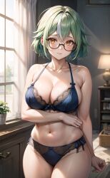 1girls ai_generated bare_shoulders big_breasts big_thighs blush breasts busty cleavage female female_only genshin_impact glasses green_hair huge_thighs large_thighs looking_at_viewer navel skyy_sama sucrose_(genshin_impact) thick_thighs thighs voluptuous