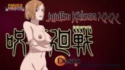 1girls 2d breasts brown_hair desto erect_nipples forest horny_female human humanoid jujutsu_kaisen kugisaki_nobara logo nude_female open_mouth outside parodieparadise smile tagme wet_pussy