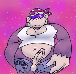 anthro donkey_kong_(series) enterman funky_kong genitals gorilla jean_shorts looking_at_viewer male male_only nipples_visible_through_clothing solo