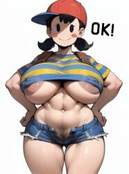 1girls :) aged_up ai_generated alternate_version_available backpack baseball_cap big_breasts black_eyes black_hair blush blush_stickers breasts creamballz curvaceous curvy earthbound eyelashes female genderswap_(mtf) hands_on_hips huge_breasts kunaboto_(style) large_breasts mob_face navel ness nipple_slip older open_clothes pose pubic_hair rule_63 shirt shorts sideways_baseball_cap sideways_hat smiling solo striped_clothing text thick_thighs toned twintails underboob white_background wide_hips