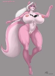 anthro ayana blue_eyes breasts fatfoxlower female hair huge_breasts long_hair markings nipples nude open_mouth pink pussy skunk solo standing tail thighs white_hair wide_hips