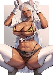 1girls 2020s 2024 2d 2d_(artwork) :p abs anhuzart animal_ears ass big_ass big_breasts big_butt big_thighs breasts bunny_ears bunny_girl cleavage collar collarbone crouched crouching dark-skinned_female ethan69_(artist) gloves hi_res high_heels highres hips huge_thighs large_breasts large_thighs leopard_print leopard_print_bikini long_hair looking_at_viewer midriff miruko my_hero_academia navel red_eyes rumi_usagiyama smile smiling squatting teeth thick_thighs thighhighs thighs toned_stomach tongue tongue_out usagiyama_rumi white_background white_clothing white_gloves white_hair white_shirt white_thighhighs wide_hips