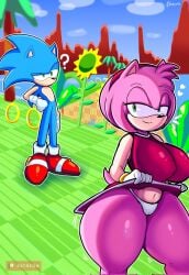 1boy 1girls amy_rose ass big_ass big_breasts big_butt blue_body blue_fur confused fat_ass female francyart34 green_eyes large_ass large_breasts male navel nipple_bulge panties pink_body pink_fur pink_hair question_mark sonic_(series) sonic_the_hedgehog sonic_the_hedgehog_(series) thick_thighs thighs turning_around wide_hips