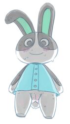 2023 animal_crossing anthro black_eyes blue_clothing blue_shirt blue_topwear bluescape735 blush bodily_fluids body_blush bottomless chibi clothed clothing dotty_(animal_crossing) female fur genitals grey_body grey_fur hi_res lagomorph leporid mammal nintendo on_model pussy pussy_blush rabbit shaded_face shadow shirt simple_background smile smiling_at_viewer solo standing sweat topwear white_background white_body white_fur