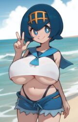 1girls ai_generated beach big_breasts blue_eyes blue_hair breasts creamballz curvaceous curvy female game_freak hand_sign huge_breasts lana_(pokemon) large_breasts looking_at_viewer midriff mob_face mystical_(style) navel no_sclera panties pokemon pokemon_sm sailor_collar sea short_hair shorts shortstack sleeveless smiling solo tiara underboob victory_sign white_iris