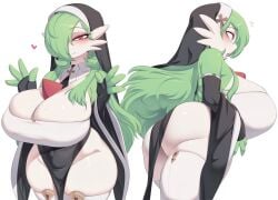 1girls ass big_ass big_breasts blush breasts breasts_bigger_than_head cervina7_(artist) cleavage cross elbow_gloves gardevoir generation_3_pokemon gloves green_hair hair_over_one_eye huge_ass huge_breasts humanoid large_breasts long_hair looking_at_viewer nintendo nun nun's_habit nun_gardevoir_(cervina7) nun_outfit pokémon_(species) pokemon pokemon_(species) pokemon_rse red_eyes thighhighs