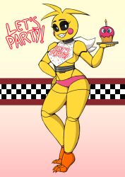 2024 animatronic animatronic_female bib black_eyelids black_eyeshadow black_sclera cupcake cupcake_(fnaf) eyelashes eyeshadow five_nights_at_freddy's five_nights_at_freddy's_2 fnaf hand_on_hip hourglass_figure looking_at_viewer panties pink_panties pinup pose posing rosy_cheeks sharp_teeth smile smiling smiling_at_viewer solo thighs thirstyforcoffee toy_chica_(fnaf) voluptuous voluptuous_female yellow_body