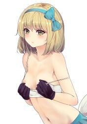 alice_margatroid alice_margatroid_(pc-98) alternate_eye_color bare_shoulders black_gloves blonde_hair blue_bow blue_hairband blue_skirt blush bow bra bra_pull breasts closed_mouth clothes_pull commentary_request culter embarrassed female from_side gloves green_eyes hairband hairbow hands_up highres leaning_forward looking_at_viewer medium_hair midriff navel nipples no_shirt pulled_by_self self_exposure skirt small_breasts solo strap_slip touhou touhou_(pc-98) underwear white_background white_bra