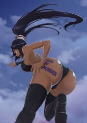 1girls absurdres ass backboob bare_arms black_hair black_leotard black_thighhighs bleach bleach:_sennen_kessen-hen bleach:_the_thousand-year_blood_war breasts commentary dark-skinned_female dark_skin english_commentary english_text female fingernails floating_hair foot_out_of_frame foreshortening from_behind highres large_breasts leotard long_hair looking_at_viewer looking_back nose open_mouth outdoors ponytail profile shihouin_yoruichi shiny_skin smile solo sonzhondaya standing standing_on_one_leg strapless strapless_leotard thighhighs thighs v-shaped_eyebrows writing_on_ass yellow_eyes