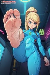 ai_generated barefoot blonde_hair blue_eyes feet foot_fetish from_below gamarjobson metroid nintendo pov_feet samus_aran sole_female toes zero_suit_samus