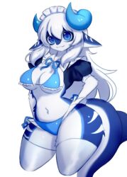 1girls anthro artist_request bikini blue_eyes blue_fur dragon female female_only fish furred_dragon hi_res horns hybrid long_hair looking_at_viewer maid maid_headdress maid_outfit marine pointy_ears shark shark_tail smiling smiling_at_viewer soda_(soda_uyu) solo tail thick_thighs thighhighs two_tone_body two_tone_fur white_background white_fur white_hair white_thighhighs