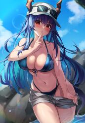 1girls arknights bare_shoulders baseball_cap beach belly belly_button big_breasts big_thighs bikini blue_hair blush busty cap ch'en_(arknights) ch'en_the_holungday_(arknights) cleavage cloud collarbone curvaceous curvy day dragon_girl dragon_horns dragon_tail female female_only hair_between_eyes headgear headwear hi_res hips horns_through_headwear huge_breasts huge_thighs jean_shorts large_breasts large_thighs legs light-skinned_female light_skin looking_at_viewer massive_breasts massive_thighs midriff navel pangjelly posing pulling_down_shorts red_eyes seductive seductive_look seductive_pose serious shiny_breasts shiny_clothes shiny_skin short_shorts shorts shushing solo solo_female standing_in_water stomach sunglasses sunglasses_on_head thick thick_legs thick_thighs thighs tight_clothing tight_fit very_long_hair voluptuous waist wasp_waist wet wide_hips wide_thighs