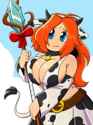 1girl 1girls bangs bangs_over_eyes belt big_breasts blue_eyes captanaugi_(artist) clouds collar cow_bikini cow_print cowbell cute epic_battle_fantasy exposed_shoulders fake_animal_ears fake_horns fake_tail female hands headband huge_breasts light-skinned_female light_skin long_hair natalie_(ebf) nervous orange_hair red_hair ribbon skirt sky sleeves sling_bikini staff voluptuous voluptuous_female waist