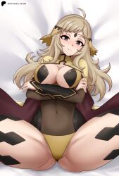 1girls aged_up arms_under_breasts bare_thighs bed black_eyes blonde_hair blush breasts cape cleavage crossed_arms female female_only fire_emblem fire_emblem_fates hayato_stuff large_breasts looking_at_viewer nintendo ophelia_(fire_emblem) panties revealing_clothes smile solo spread_legs thick_thighs thighs underwear yellow_panties