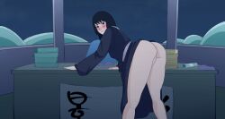 against_desk arm_support ass_focus bare_legs bare_thighs big_ass bitawastaken black_eyes black_hair dark drunk feet_out_of_frame from_behind hokage_office huge_ass indoors inviting inviting_to_sex kimono kimono_lift long_legs looking_at_viewer looking_back naruto naruto_(series) naruto_shippuden night office panties presenting presenting_ass shizune smile standing thick_thighs thighs wavy_mouth