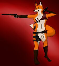 1boy animal_genitalia anthro balls black_nose canine canine_penis dipstick_tail flaccid fox fur green_eyes gun katana knife looking_at_viewer male male_only mammal nude orange_fur penis penis_tip pistol pose raevos ranged_weapon sheath smirk solo standing sword weapon white_fur