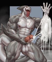 abs amon-sydonai anthro balls biceps bodily_fluids cum ejaculation fish genital_fluids genitals hi_res kuyo_(arcadegig) male male_only marine masturbation muscular muscular_anthro muscular_male nipples pecs penis scar shark sharp_teeth solo tail teeth tongue tongue_out vein veiny_penis