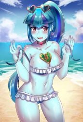 1girls beach big_boobs big_breasts bikini blue_bikini boobs breasts busty cameltoe equestria_girls female female_only friendship_is_magic hasbro iojknmiojknm long_hair looking_at_viewer my_little_pony pink_eyes ponytail solo solo_female sonata_dusk taco tits