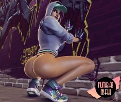 alley ass big_ass brick_wall brown_skin female fortnite graffiti hat hoodie no_pants numbasnsfw posing purple_hair sneakers squatting streetwear tagme teknique thenumbersdon'tlie thong urban