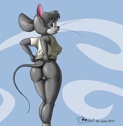 2011 anthro ass bottomless female fur furry gilbhart looking_back mouse presenting pussy rodent shirt shirt_lift solo