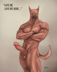 1boy anthro armband balls canine english_text erection fur furry gloves kamui_jack male male_only muscles nipples nude penis solo text uncensored