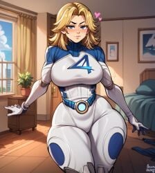 1girls ai_generated big_ass blonde_female blonde_hair bodysuit bubble_butt cute fantastic_four huge_ass indoors invisible_woman invisible_woman_(marvel_rivals) lustylewdz marvel_rivals skin_tight smile solo solo_focus standing sue_richards sue_storm thick